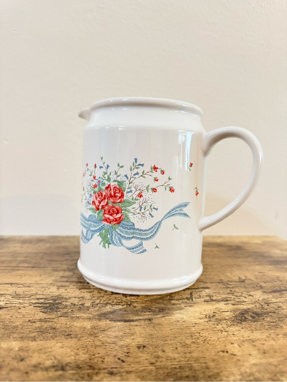 White Ceramic Floral Pitcher | Red Roses Blue Ribbon - Picture 2 of 12